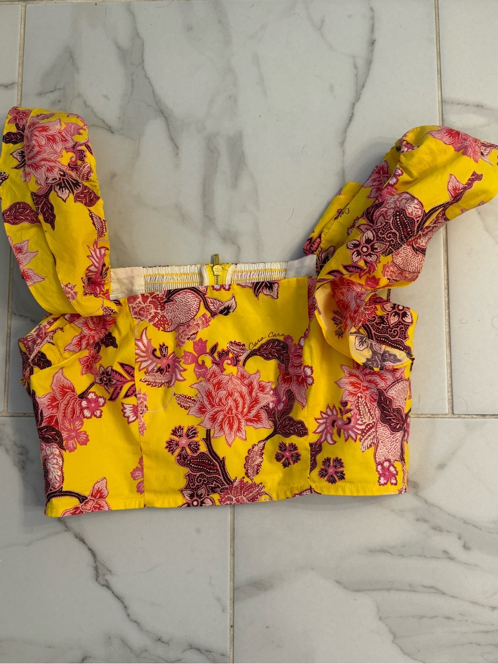 Cara Cara Darby Nippon Buttercup Yellow Pink Floral Crop Tank Sleeveless Ruffle